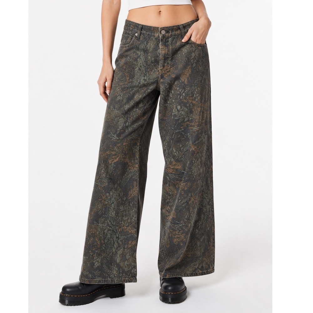 Refrain Womens Wide Leg Jeans 15/32 Woodland Camo Print Boho Y2K Baggy skater